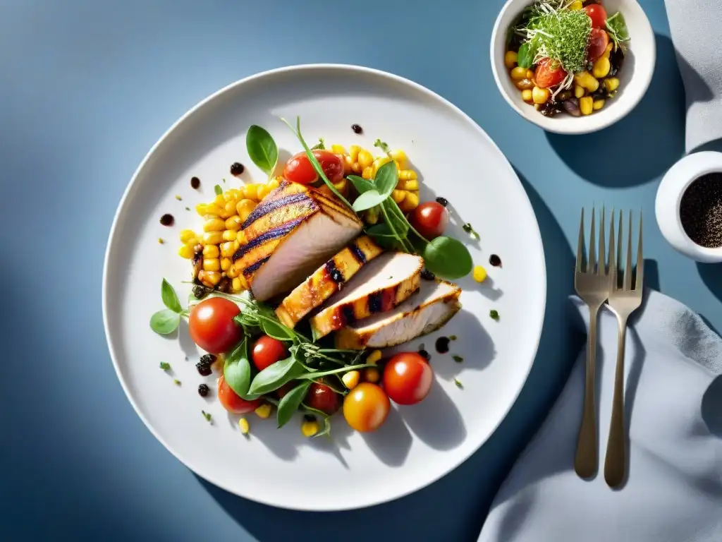 Exquisita creación sin gluten: Pollo a la parrilla con ingredientes frescos Una obra culinaria sin gluten fácil y deliciosa, con ingredientes frescos y coloridos en un plato blanco en una cocina soleada y acogedora