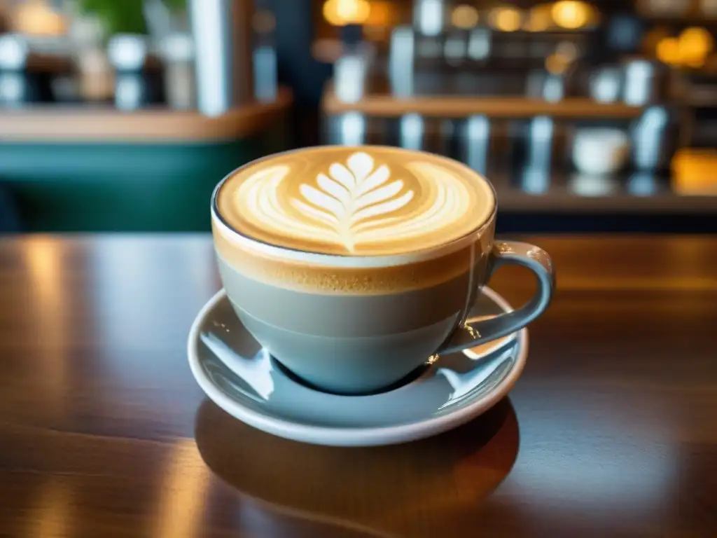 Una obra maestra en un cappuccino cremoso con diseño de arte latte de flor, en un café acogedor y elegante