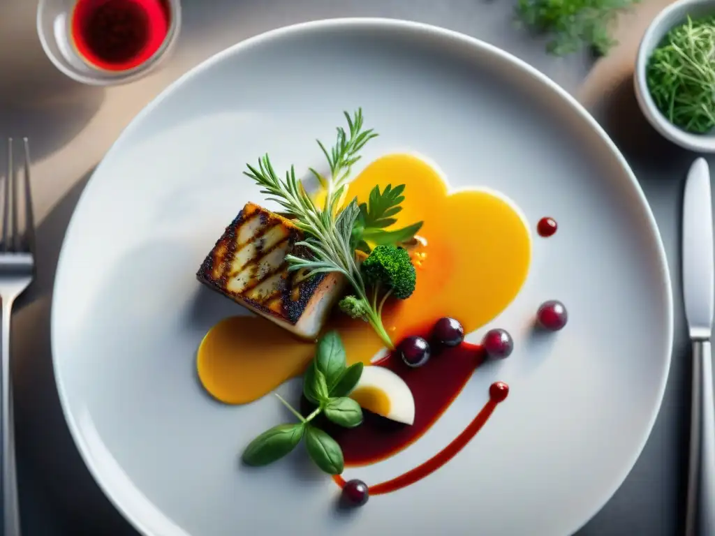 Exquisita obra de arte gastronómica sin gluten Una obra maestra culinaria gourmet sin gluten innovadora, con ingredientes frescos y presentación artística en plato blanco