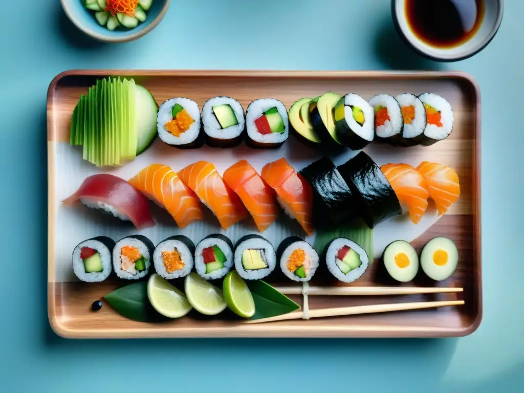 Una obra maestra culinaria: sushi sin gluten recetas innovadoras en una tabla de madera con rolls creativos y coloridos