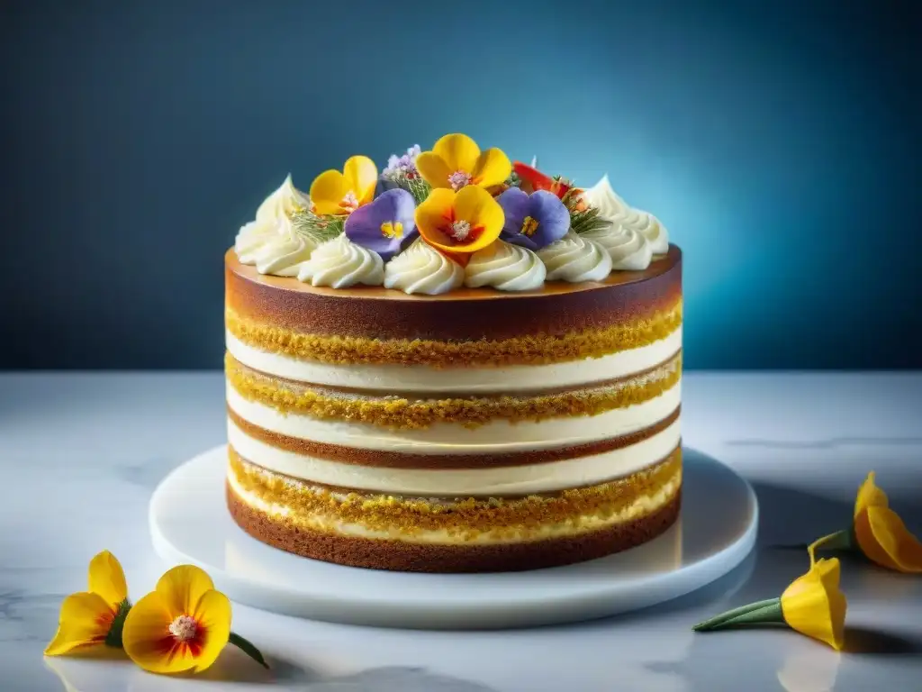 Una obra maestra de la repostería sin gluten, con flores comestibles y detalles decorativos, sobre un elegante mostrador de mármol