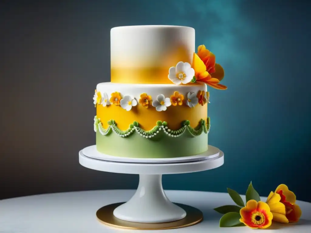 Una obra maestra de repostería sin gluten innovadora: un pastel de tres pisos decorado con flores comestibles y detalles de fondant