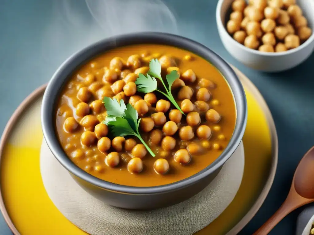 Una olla burbujeante de curry de garbanzos sin gluten receta, con vapor y condensación en la tapa