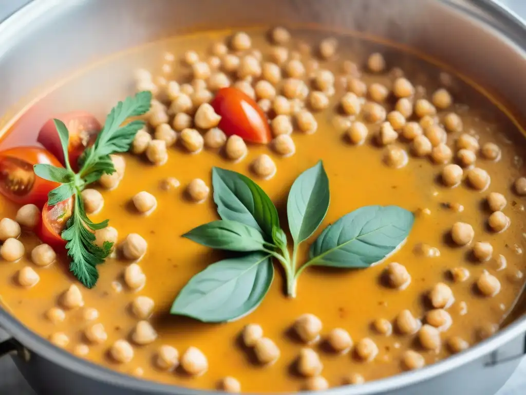 Una olla burbujeante de curry de garbanzos sin gluten, con tomates rojos, leche de coco y especias