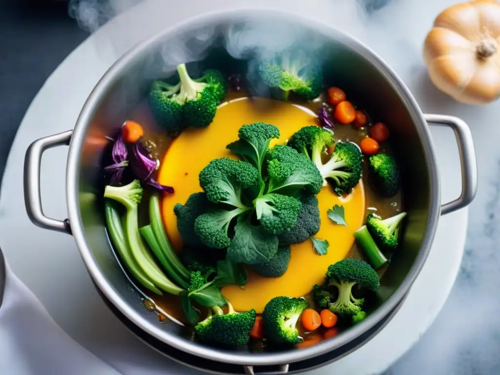 Una olla lenta con verduras coloridas, hierbas y carne sin gluten, emitiendo vapor y aroma