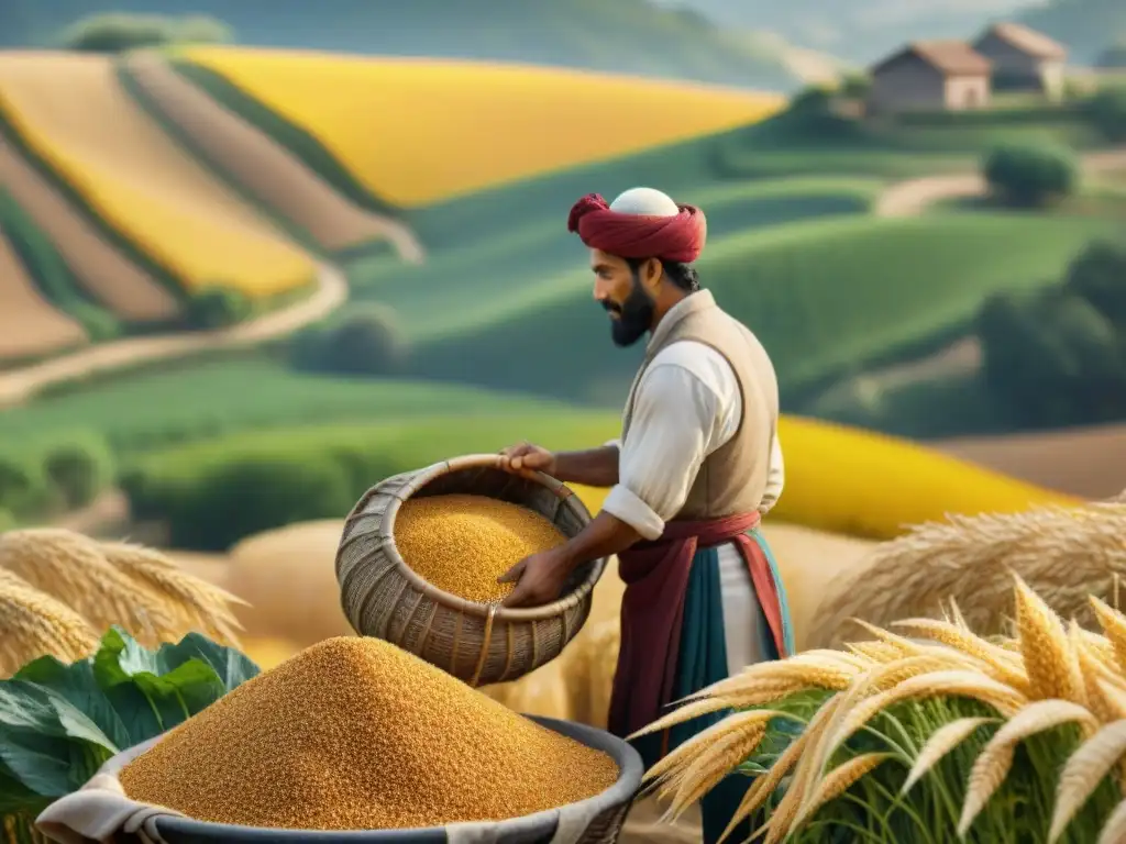 Orígenes dieta sin gluten evolución: Detalle fotorealista de antiguas civilizaciones cosechando granos sin gluten como quinoa y amaranto en paisaje exuberante