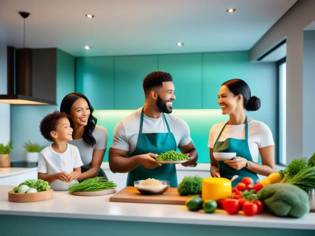 Padres sonrientes cocinan juntos en moderna cocina sin gluten para padres, compartiendo alegría y recetas