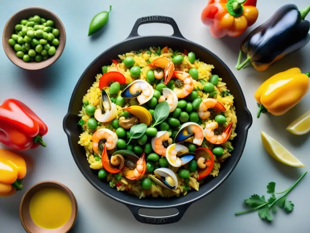 Una paella sin gluten fácil, colorida y vibrante, con camarones, mejillones, pollo y vegetales frescos, en una sartén española tradicional