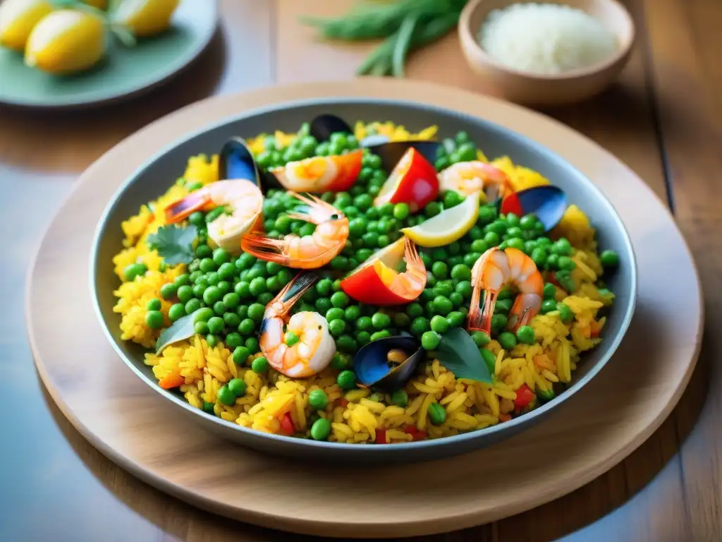 Una paella sin gluten fácilmente preparada, con arroz amarillo, mariscos, pimientos, guisantes y limón, en una mesa de madera al atardecer