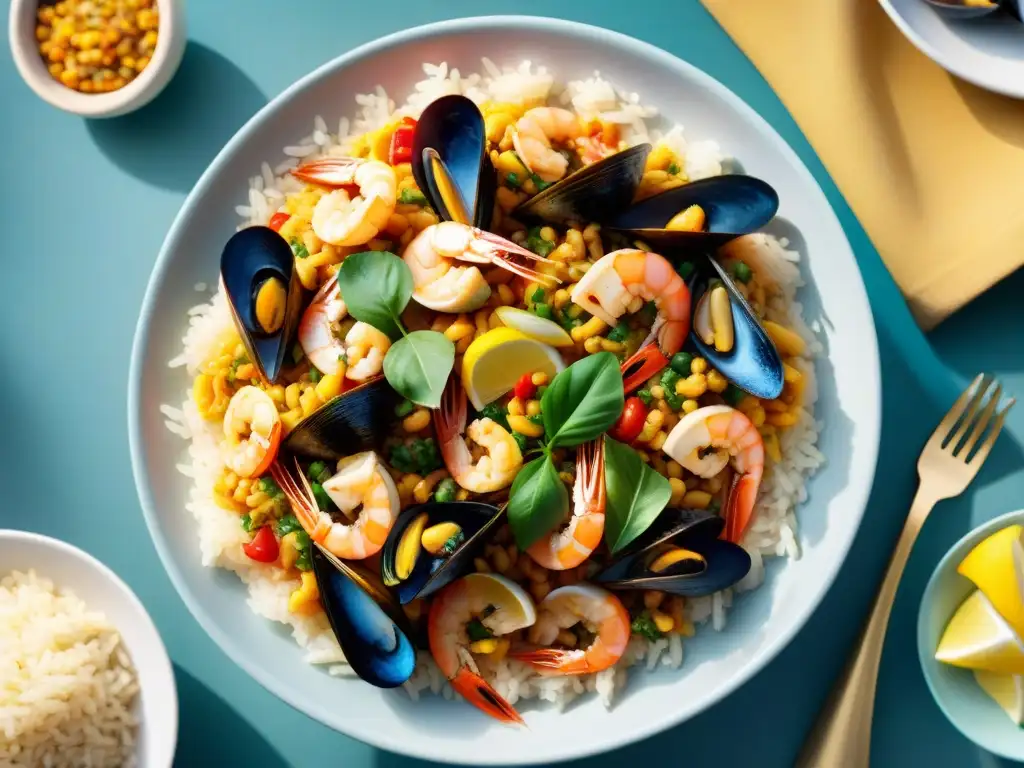 Una paella de mariscos latinos sin gluten en un mercado vibrante, con camarones, mejillones y calamares coloridos