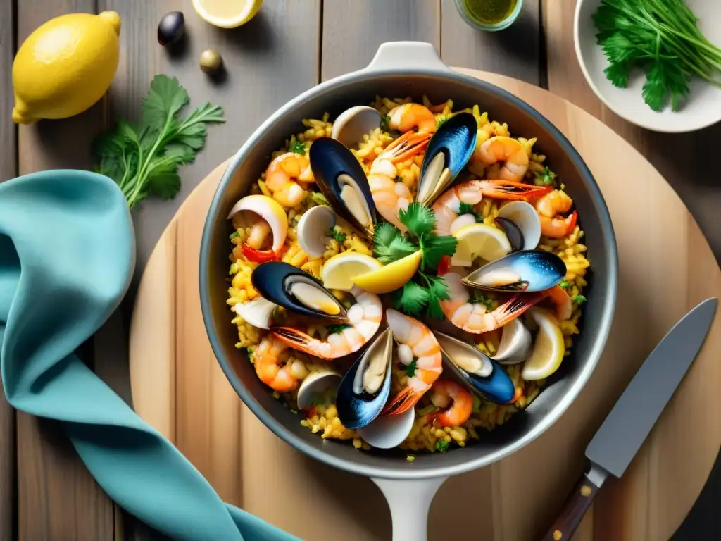 Una paella de mariscos vibrante y detallada en una paellera tradicional española