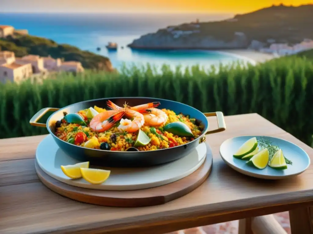 Una paellera tradicional llena de ingredientes sin gluten, con un escenario mediterráneo al atardecer