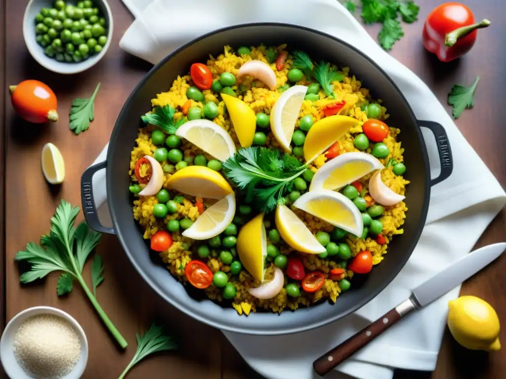 Una paellera vibrante con ingredientes sin gluten, evocando una receta innovadora de paella