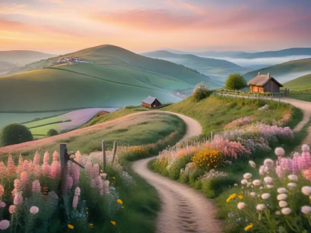 Un paisaje campestre pintoresco con colinas, un pueblo al fondo y un cielo pastel al atardecer