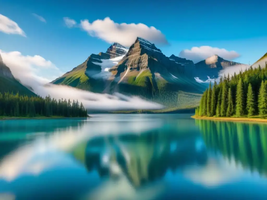 Un paisaje canadiense con montañas nevadas reflejadas en un lago, bosques de pinos y cielo azul
