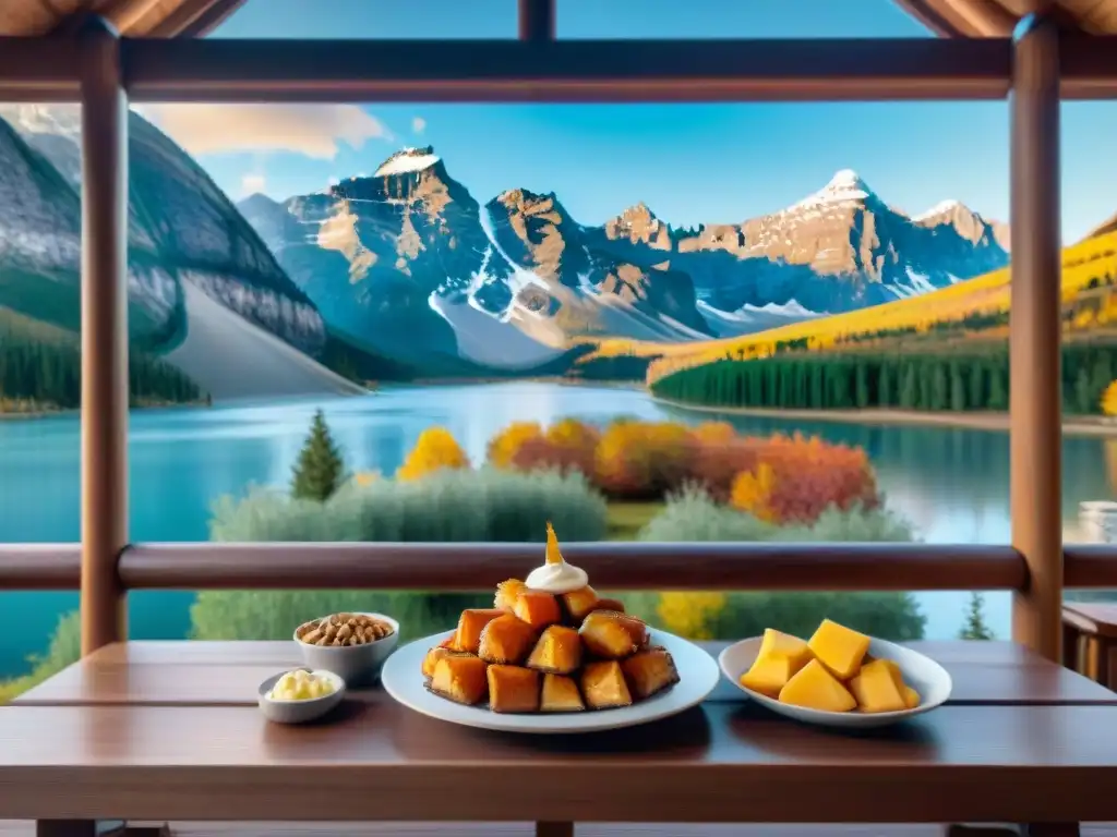 Un paisaje canadiense pintoresco con las Montañas Rocosas al fondo, un lago sereno reflejando los colores del otoño y una cabaña rústica