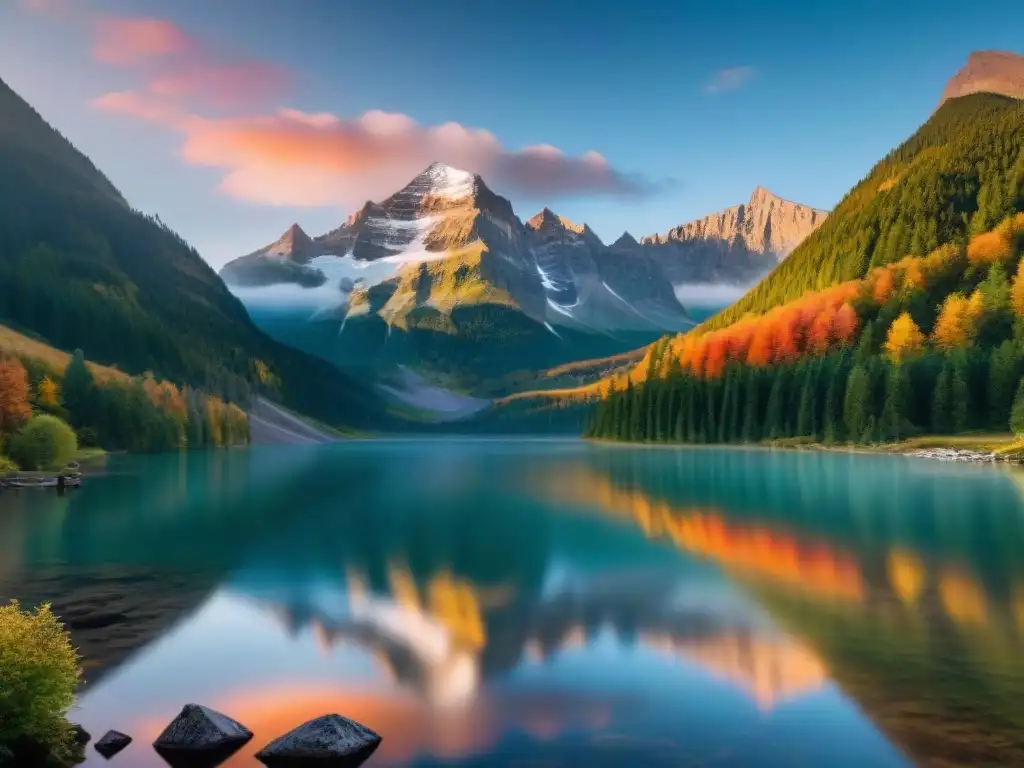 Paisaje montañoso sereno al amanecer, con lago cristalino reflejando tonos rosados y verdes exuberantes