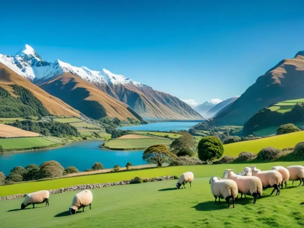 Un paisaje pintoresco de Nueva Zelanda con verdes colinas, ovejas pastando, río cristalino y montañas nevadas