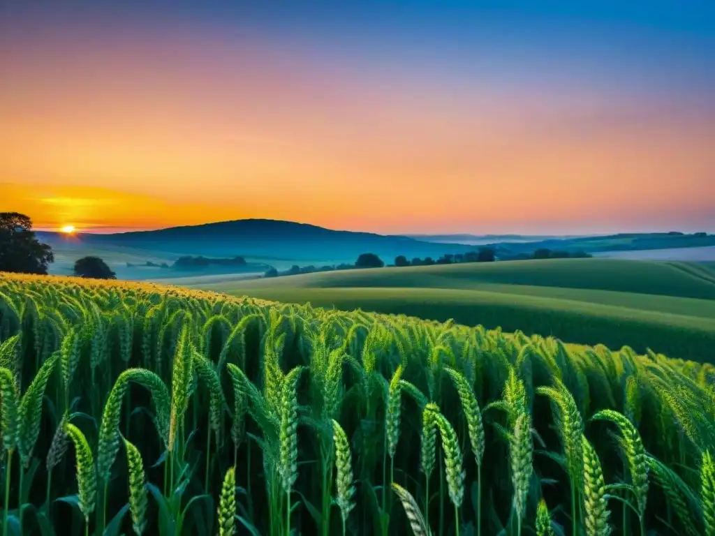 Paisaje sereno de campo con trigo verde y flores silvestres bajo el sol dorado