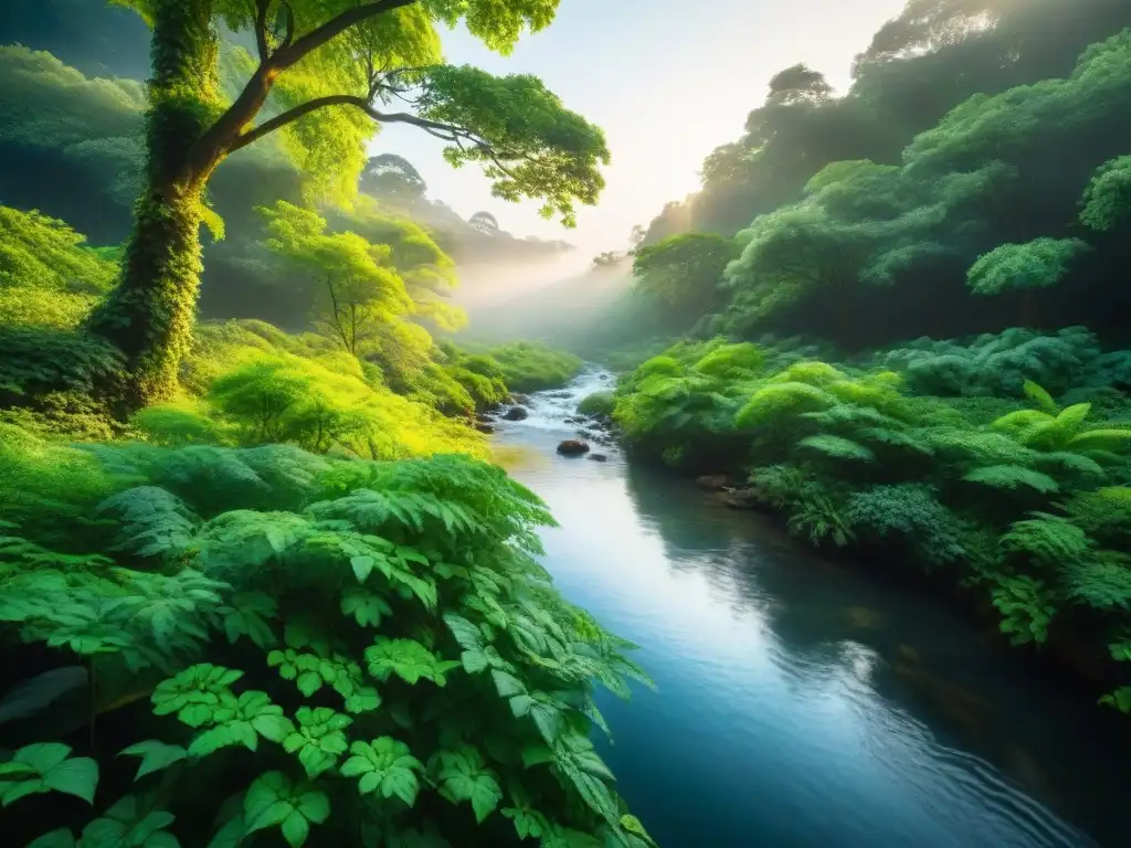 Paisaje sereno de un frondoso bosque verde con luz filtrándose entre las ramas, resaltando un arroyo