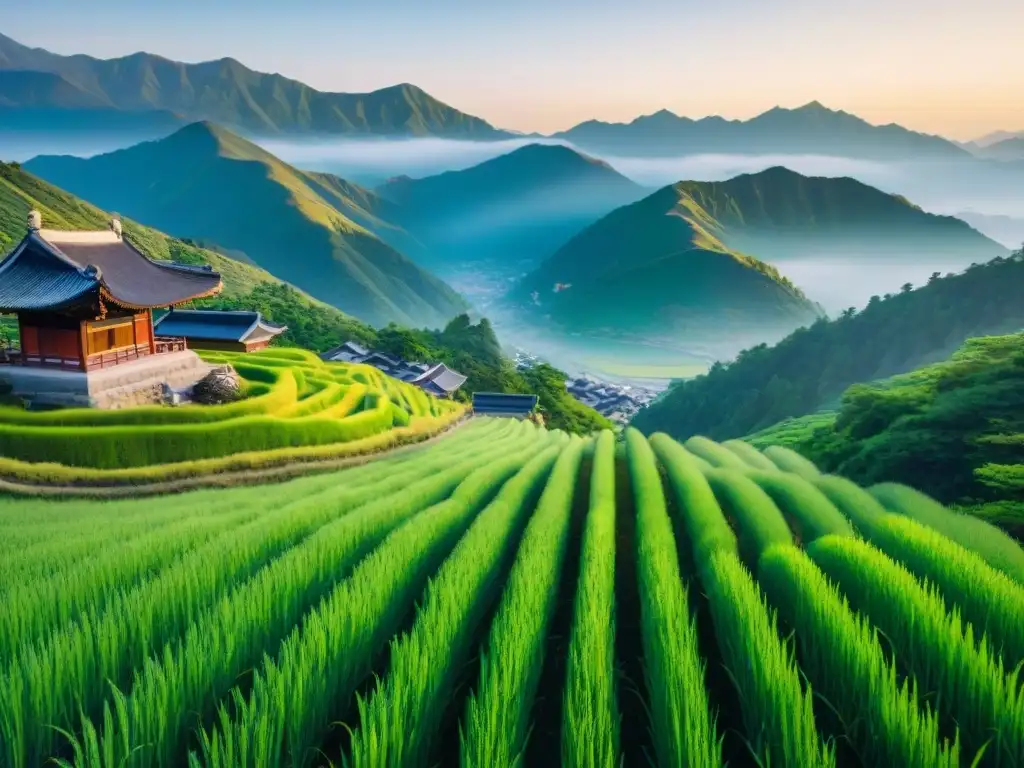 Paisaje sereno de montañas en Corea del Sur con arrozales verdes y un templo tradicional entre picos neblinosos al atardecer