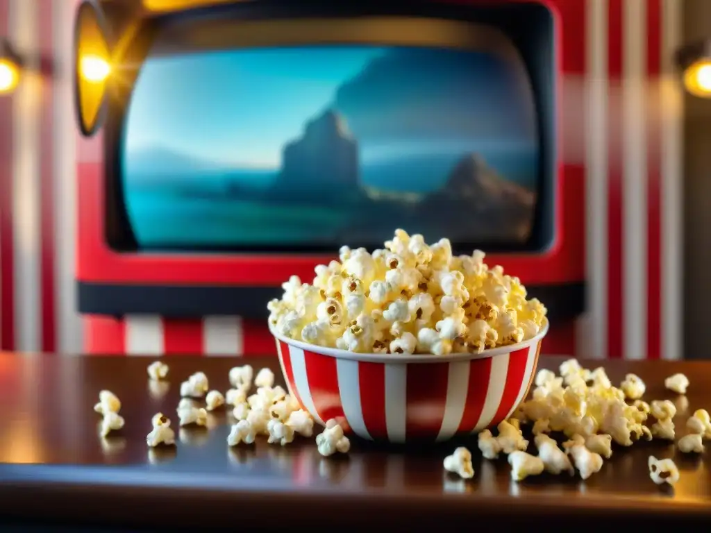 Palomitas de maíz sin gluten saltando de una máquina, en una noche de cine clásico en casa