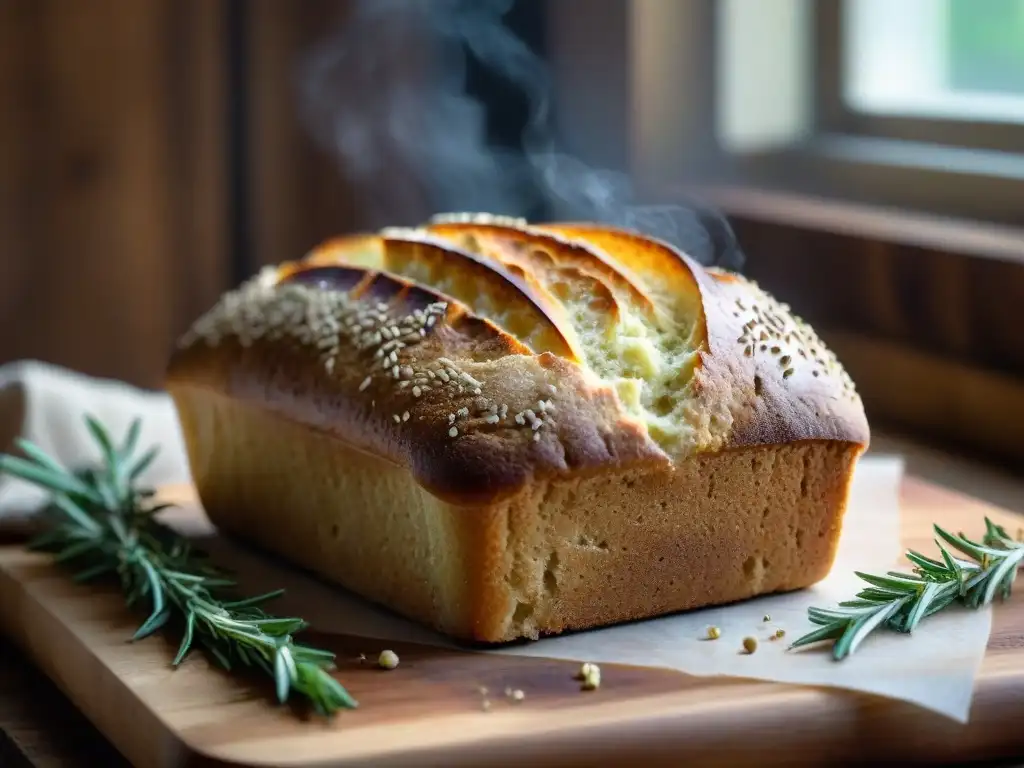 Pan de amaranto sin gluten recién horneado con corteza dorada, rodeado de semillas y romero fresco, en tabla rústica