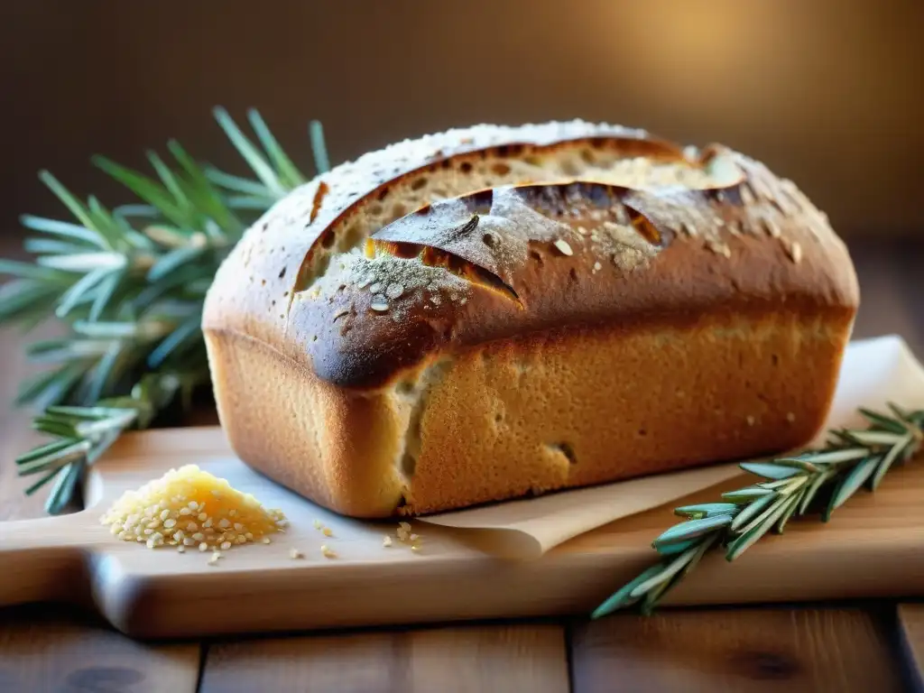 Un pan de centeno sin gluten recién horneado, dorado y esponjoso, con semillas de sésamo, sobre tabla de madera