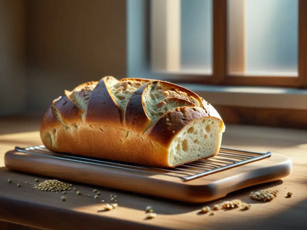 Pan centeno sin gluten recién horneado en mesa rústica, bañado por luz cálida