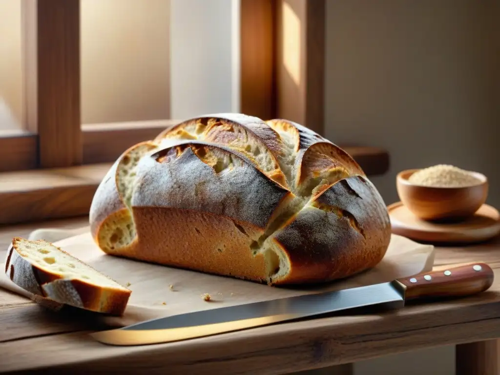 Pan centeno sin gluten recién horneado en una mesa rústica de madera, con cuchillo vintage y atmósfera cálida y acogedora