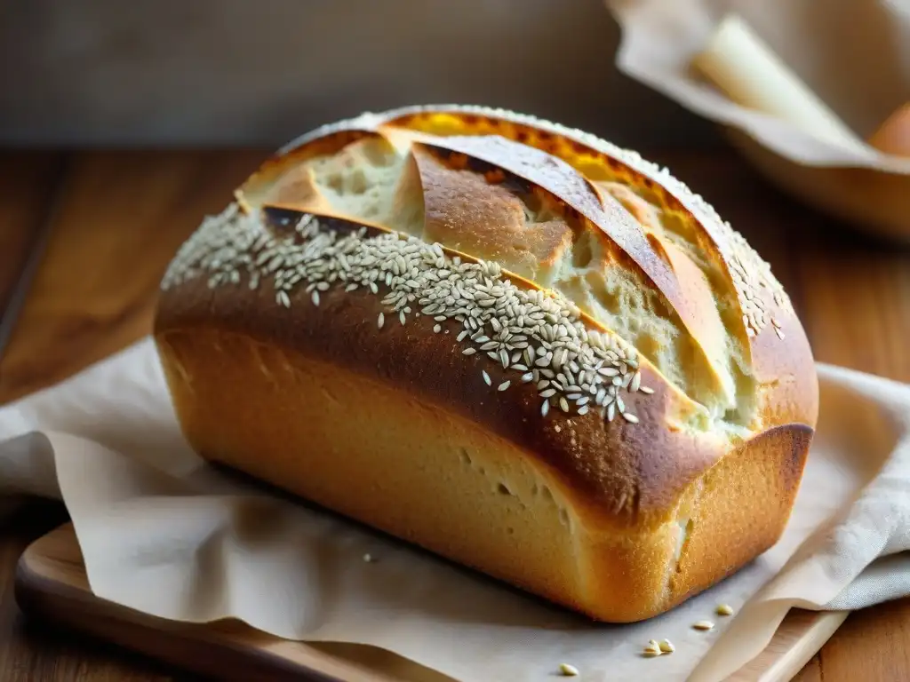 Pan sin gluten recién horneado, dorado y crujiente con semillas