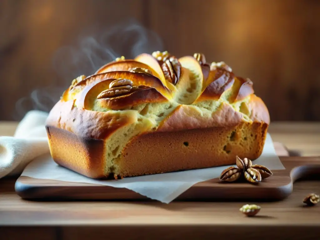 Un pan dulce sin gluten con calabaza y nueces, recién horneado en una mesa rústica