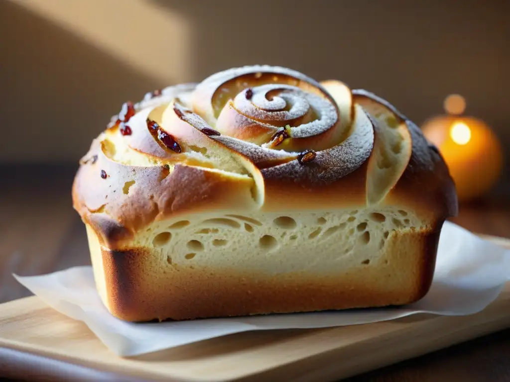 Un pan dulce sin gluten recién horneado, con corteza dorada y azúcar glass