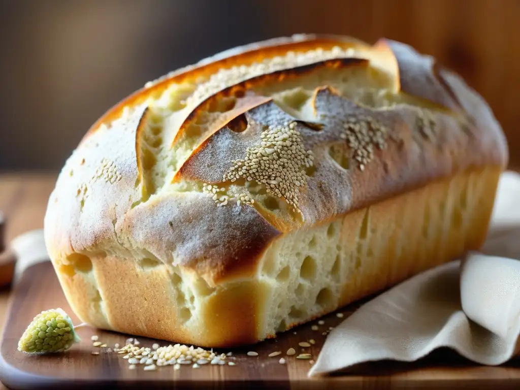 Un pan sin gluten fácil y rápido: una hogaza recién horneada con costra dorada brillante y semillas esparcidas sobre tabla rústica