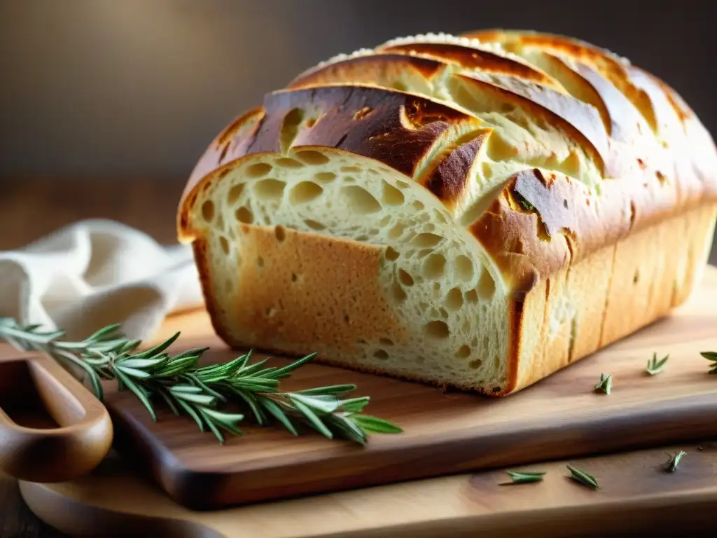 Pan sin gluten fácil y rápido: Imagen detallada de un pan recién horneado y dorado, con vapor y elementos rústicos