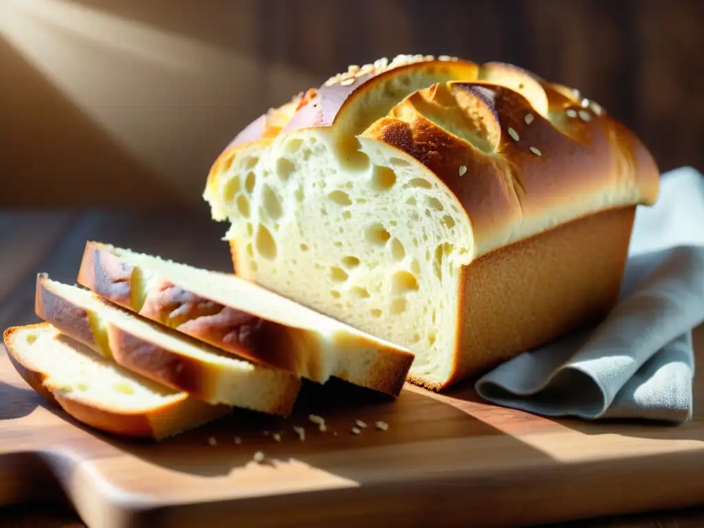 Pan sin gluten fácil y rápido: Imagen realista de un pan recién horneado con corteza dorada, sobre tabla rústica