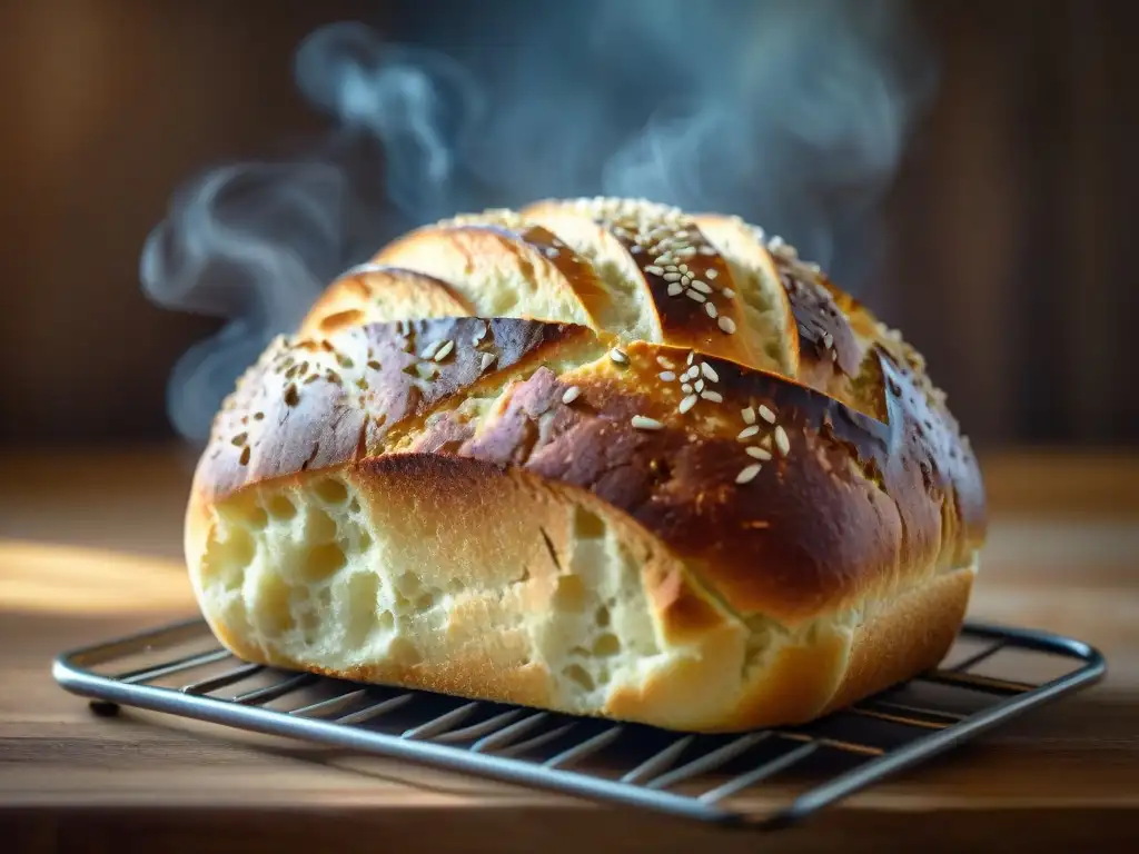 Pan sin gluten fácil y rápido: Un pan dorado sobre rejilla, con semillas de sésamo, vapor y corte perfecto, en cocina rústica luminosa