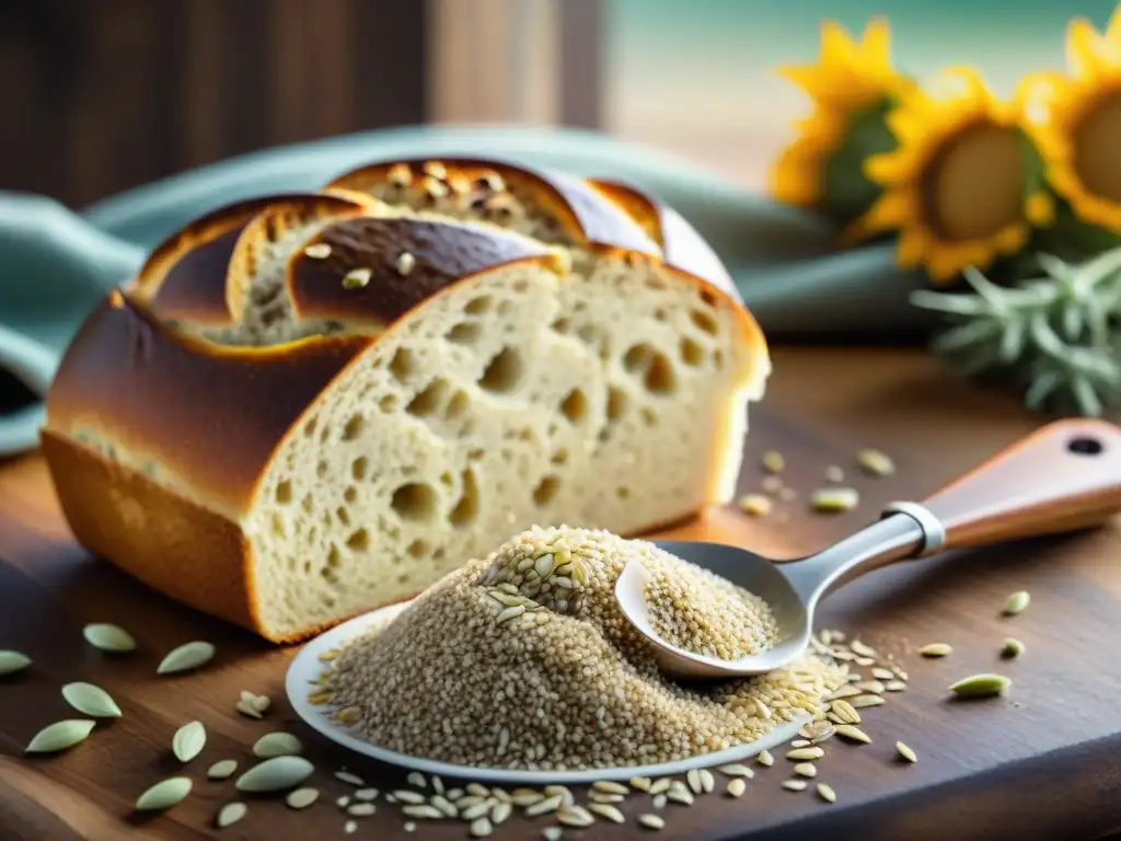 Pan de girasol sin gluten recién horneado en una mesa rústica, lista para recetas con semillas de girasol