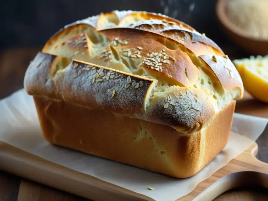 Pan sin gluten con corteza crujiente y dorada en tabla de madera rústica