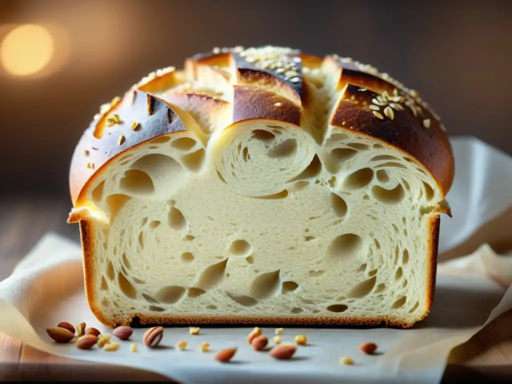 Un pan sin gluten crujiente, recién horneado, dorado y humeante, con una corteza crujiente y semillas de lino