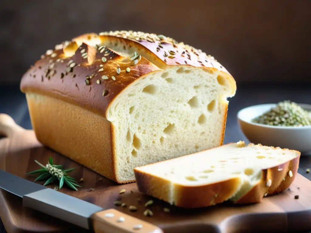 Un pan sin gluten delicioso recién horneado, con una corteza dorada perfecta y semillas