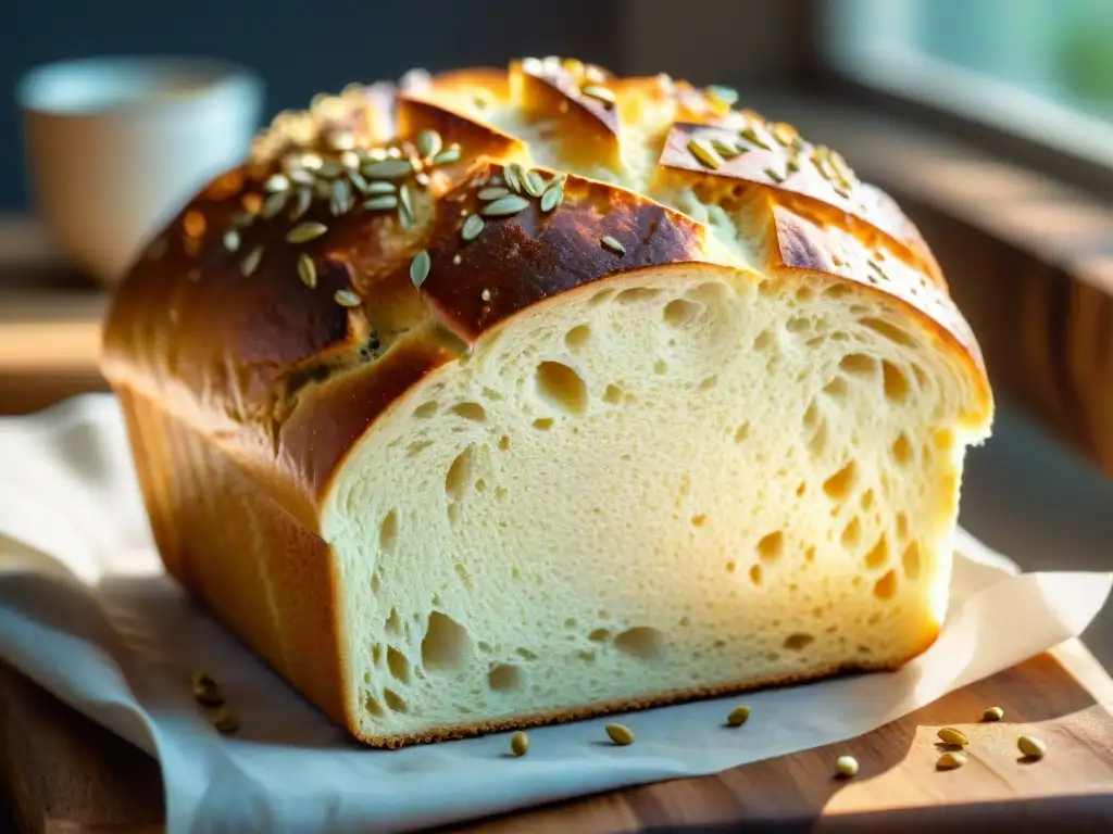 Un pan sin gluten delicioso recién horneado, con una corteza dorada y semillas, sobre tabla de madera rústica