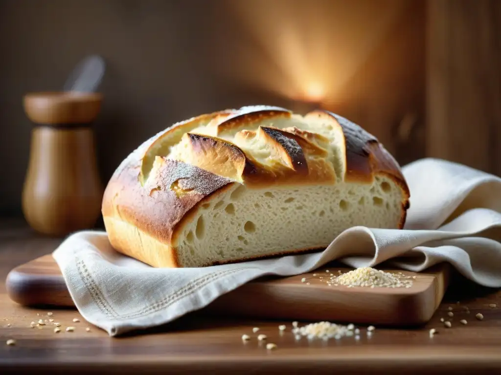 Un pan sin gluten delicioso recién horneado, con una corteza dorada y vapor ascendente, sobre tabla de corte de madera rústica