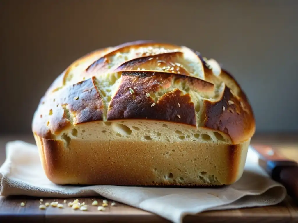 Un pan sin gluten delicioso recién horneado sobre tabla de madera rústica con granos esparcidos, bañado por la cálida luz del sol