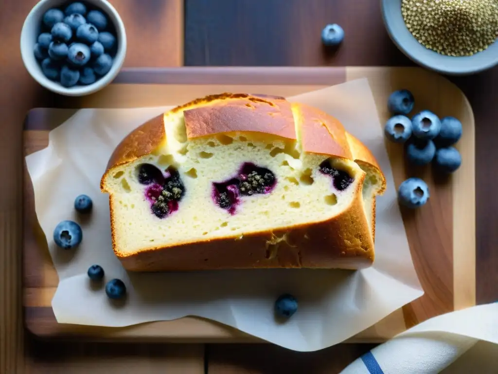 Un pan sin gluten dorado repleto de superalimentos como chía, quinoa, arándanos y almendras, sobre tabla rústica