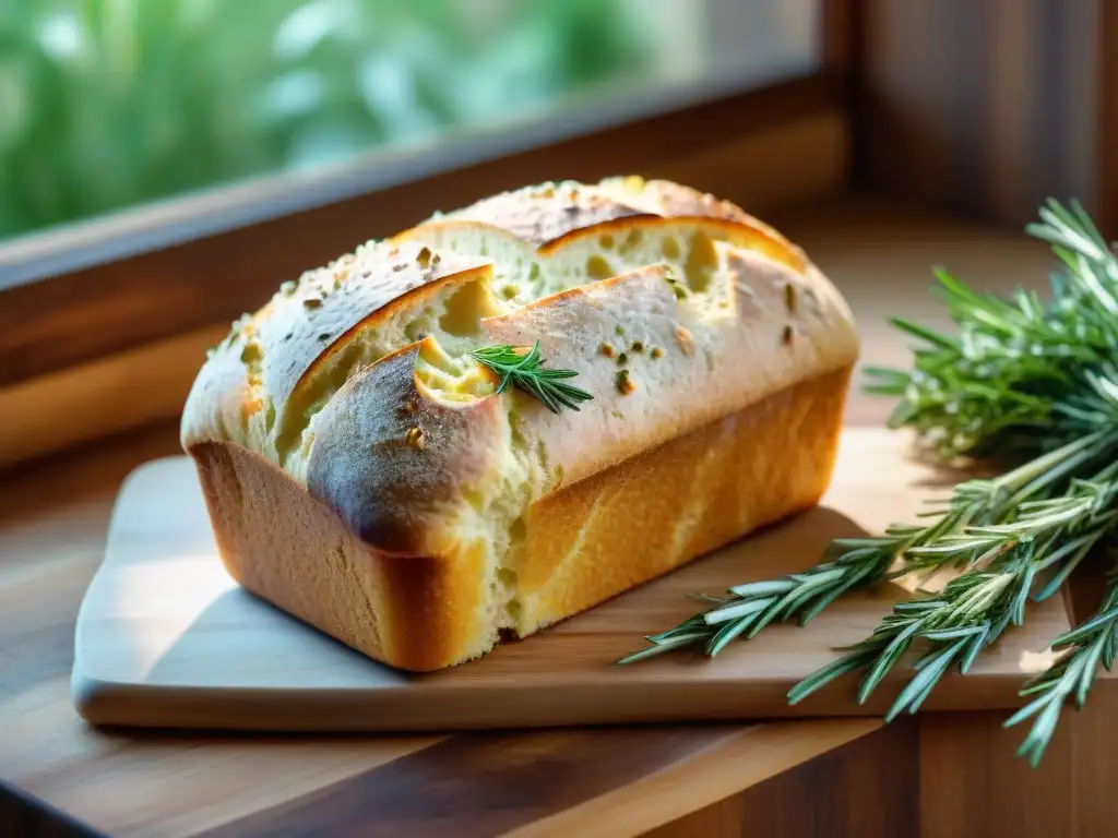 Un pan sin gluten fresco y artesanal, rodeado de hierbas, reposa sobre una tabla de madera rústica