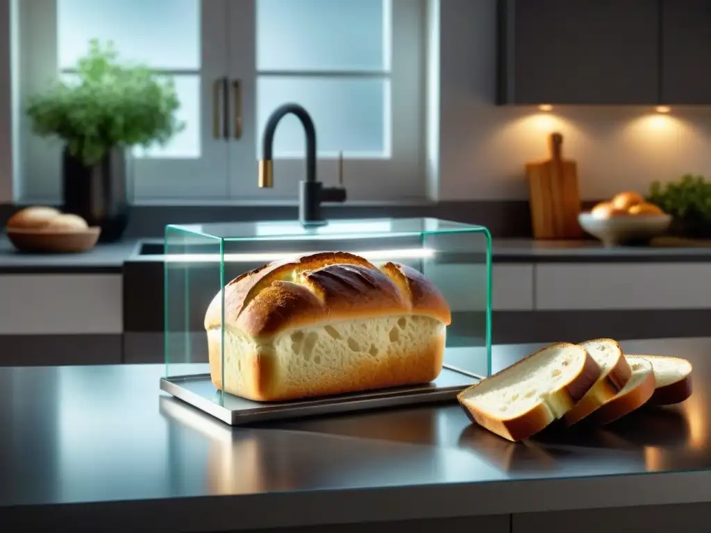 Un pan sin gluten fresco guardado en una elegante caja de cristal en una moderna encimera de cocina