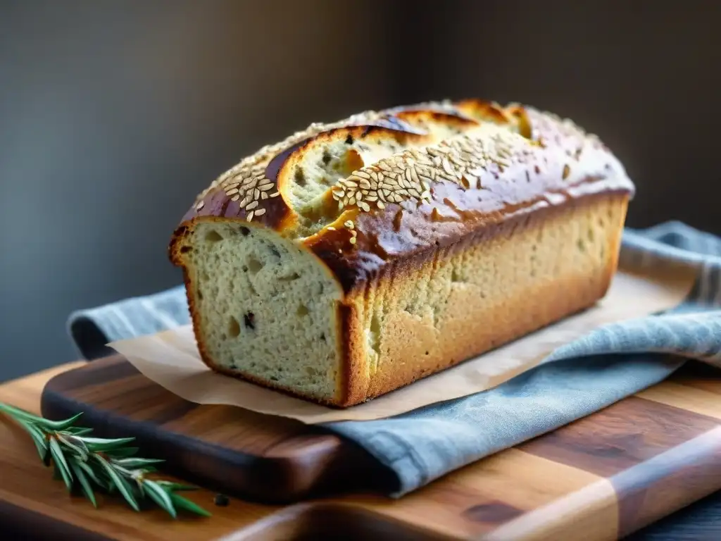 Pan sin gluten con quinoa y chía, recién horneado, con semillas y corteza dorada