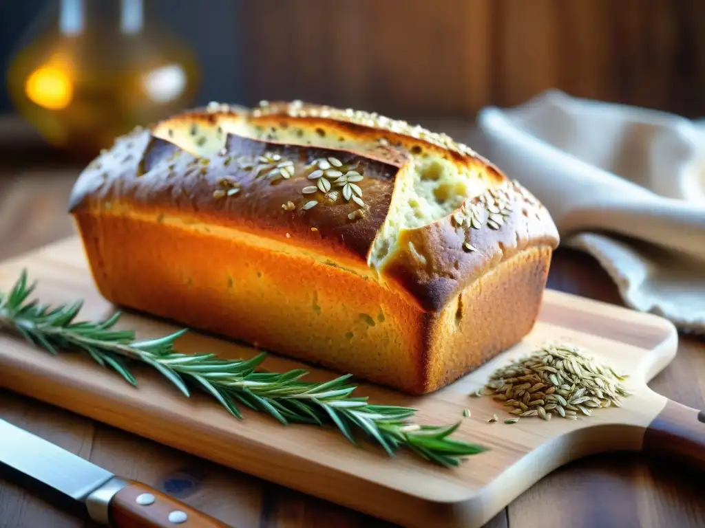 Un pan sin gluten sin lácteos recién horneado con una corteza dorada y semillas variadas, sobre tabla rústica con ramitas de romero