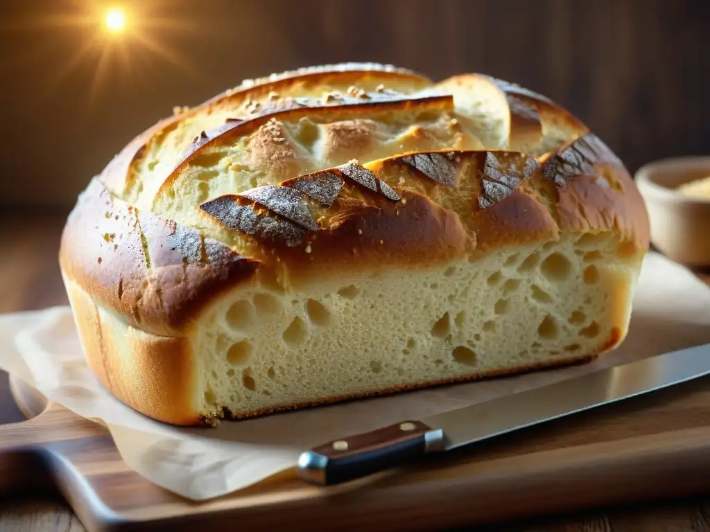 Un pan sin gluten perfecto y recién horneado en una tabla de madera rústica, con una corteza dorada brillante bajo una cálida iluminación